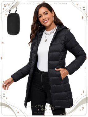 Women's Packable Puffer Jacket Hooded Quilted Mid-Length Zip Coat
